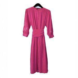 Louis Féraud Vintage 100% Silk Fuchsia Midi Dress with Belt - US6, UK10